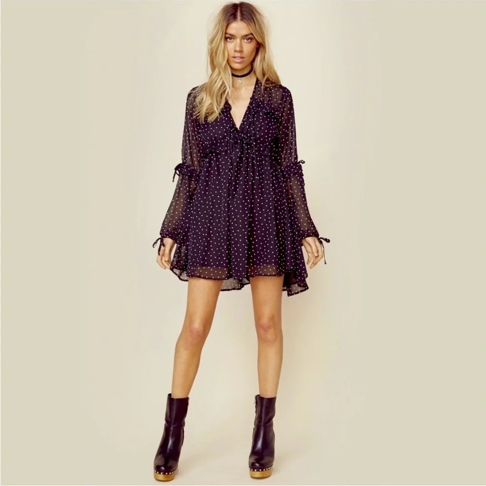 For Love & Lemons Truffles Polka Dot Babydoll Mini Dress Black Romantic Size S - Picture 11 of 11